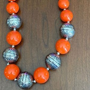 Orange and silver necklace and earrings set